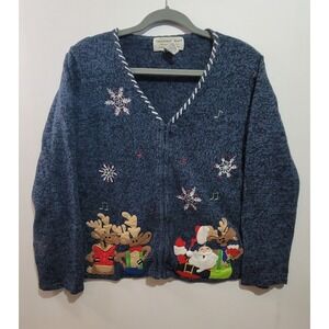 Vintage Tiara Ugly Christmas Sweater Cardigan Women's XL Santa Rudolph Holiday